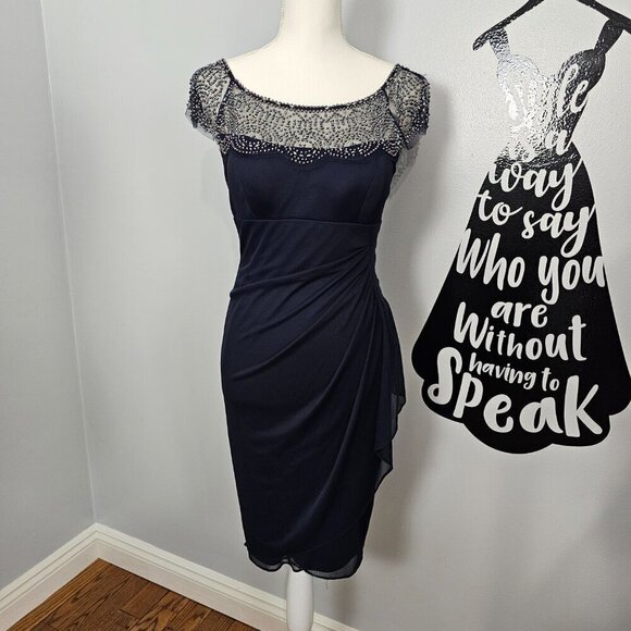 Cache Embellished Yoke Ruched Mesh Sheath Dress - Picture 2 of 16